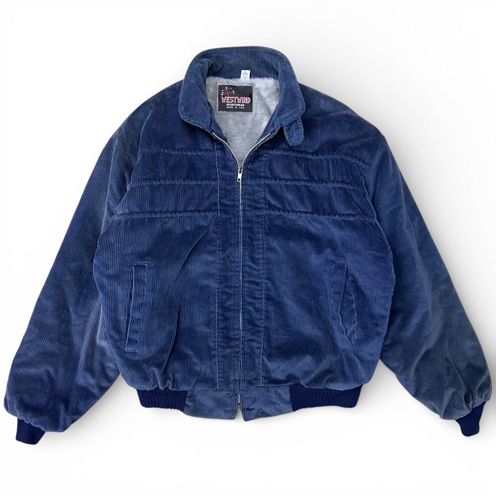 Vintage 80s Faded Corduroy Westwind Lined Winter Navy Blue Bomber Jacket L USA